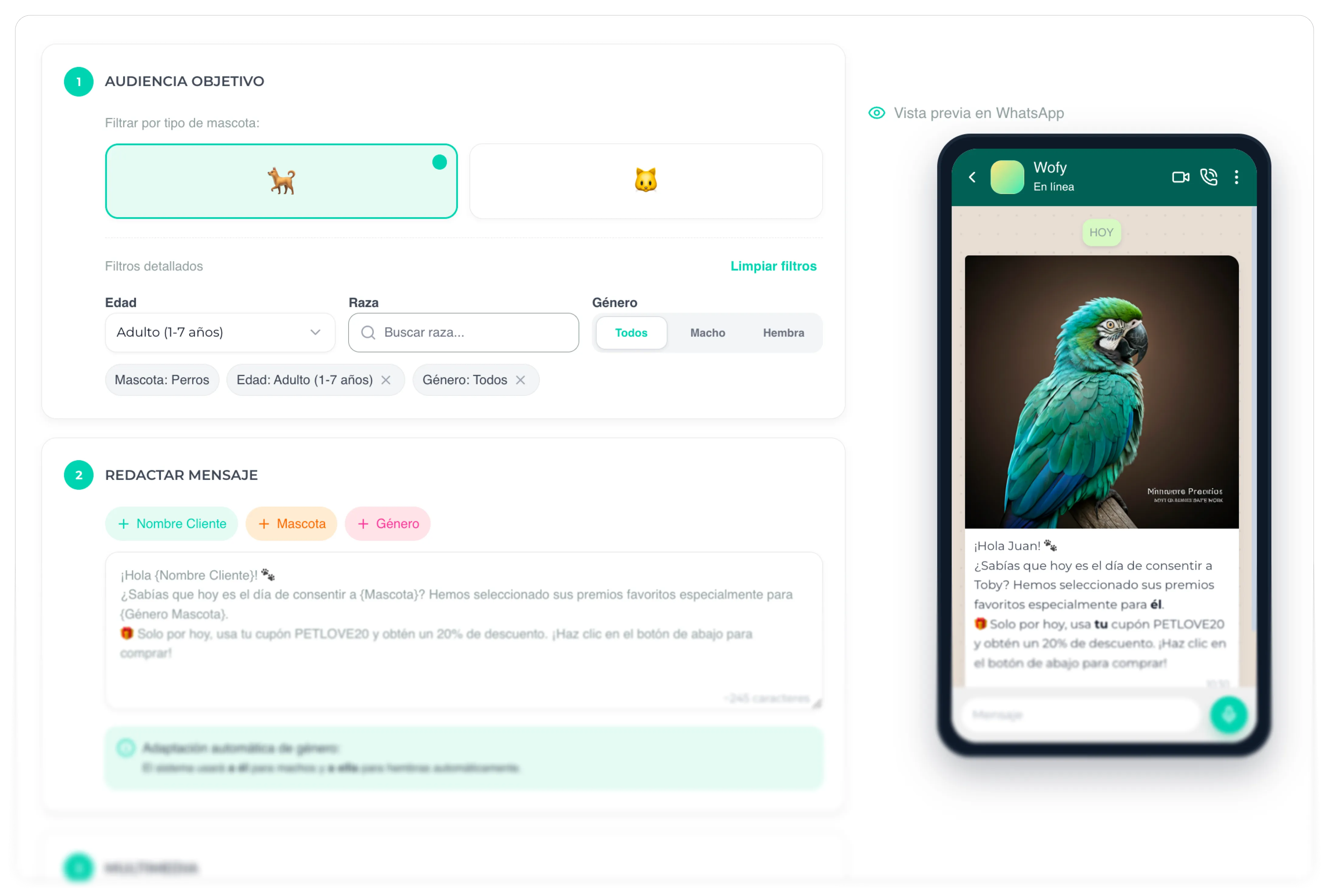 Marketing dirigido por WhatsApp en Wofy con segmentación de audiencias para clínicas veterinarias